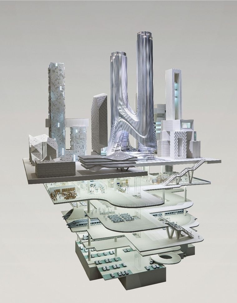 Model of a city broken into suspended layers revealing the infrastructure