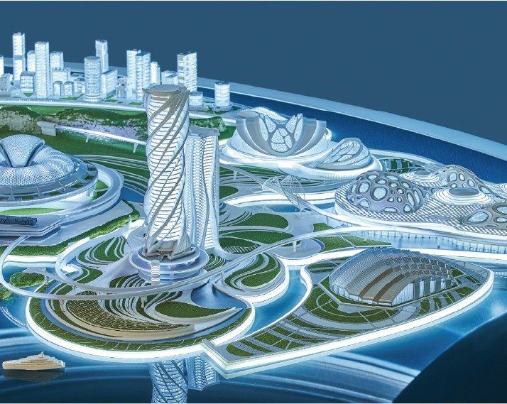 A row of tower models on a curved platform before a zoning screen
