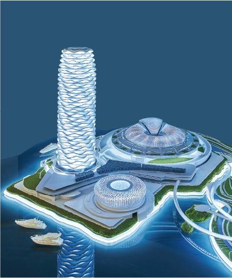 White exhibition hall with a central circular platform and a project model