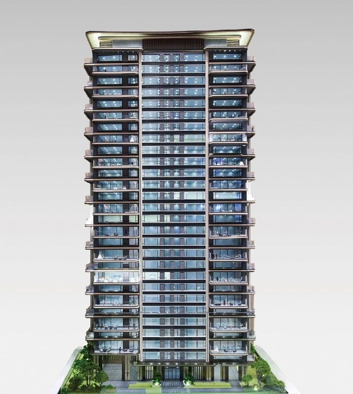 Model of a slender residential tower with planted balconies over its full height