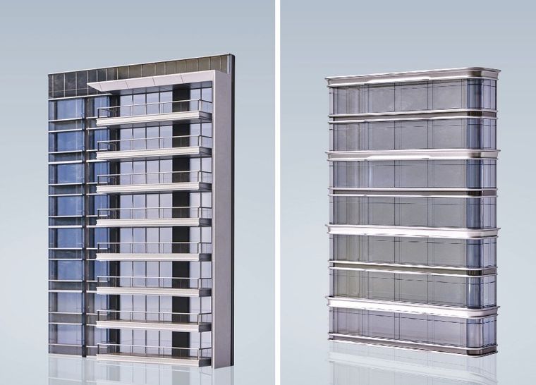 Two models of a residential tower facade in two different treatments