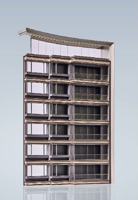 Model of a residential building facade with stepped balconies on a light ground