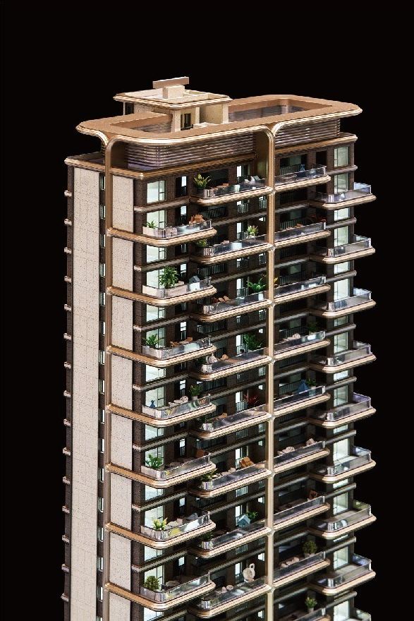 Model of a residential tower with copper frames and planted balconies