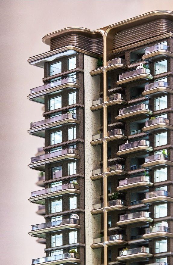 Close view of two residential tower facades with repeating balconies