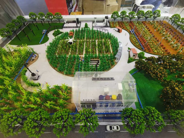 Aerial view of an agricultural park with paths and varied beds