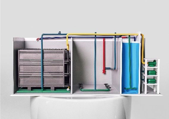 Cutaway model of a treatment plant showing the colour-coded pipework