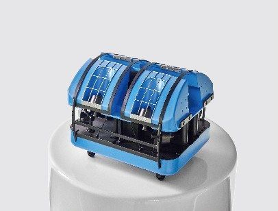 Model of a blue industrial machine with a transparent cover