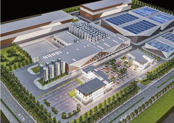 Model of an integrated factory with warehouses, tanks and solar panels
