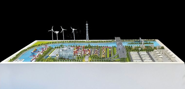Model of a coastal industrial zone with wind turbines