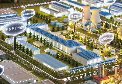 Close view of an industrial complex model with production halls and stacks
