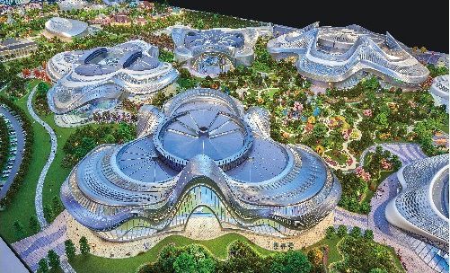Model of a multi-building tourism complex with curved roofs