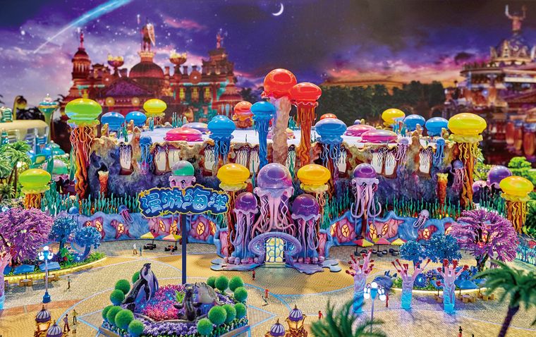 Theme park model with colourful elements and lighting