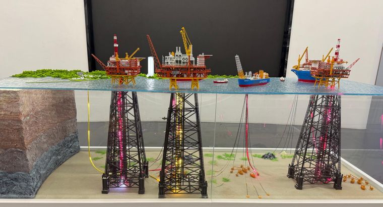Three offshore platforms on a water section showing the depths