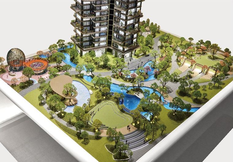 Site landscaping model for a residential tower with streams, paths and play areas