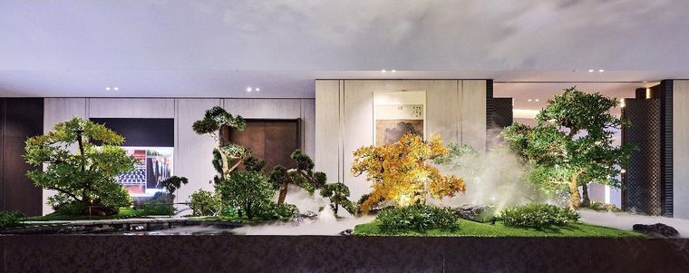 Model of a courtyard with bonsai trees and a water feature before a luxury entrance