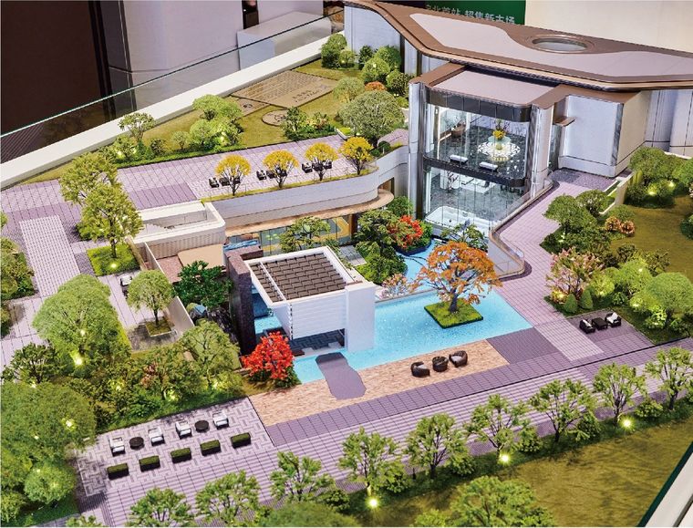 Model of a reception plaza with a pool, trees and paved walks
