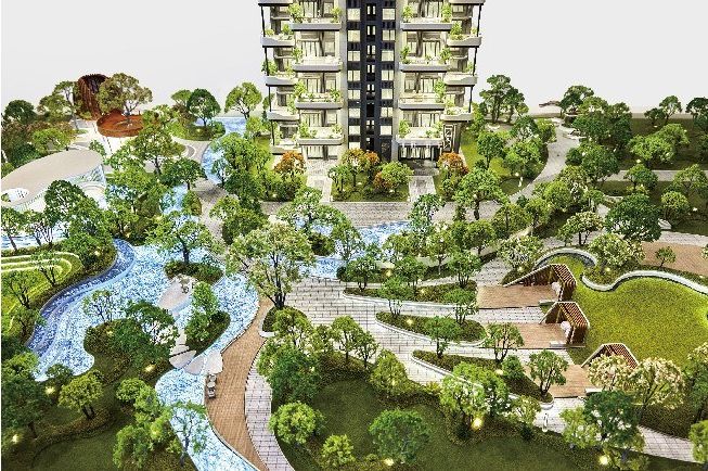 Site landscaping model for a residential building with a stream and winding paths