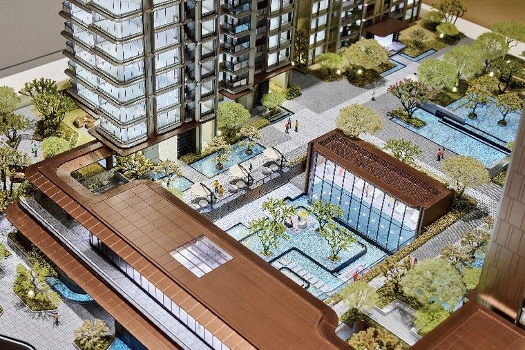 Model of a courtyard between residential buildings with pools and timber decks