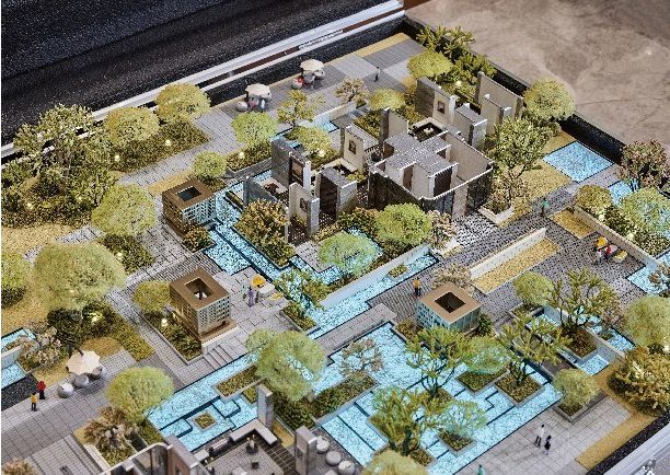 Model of a stone plaza with water features, canopies and trees