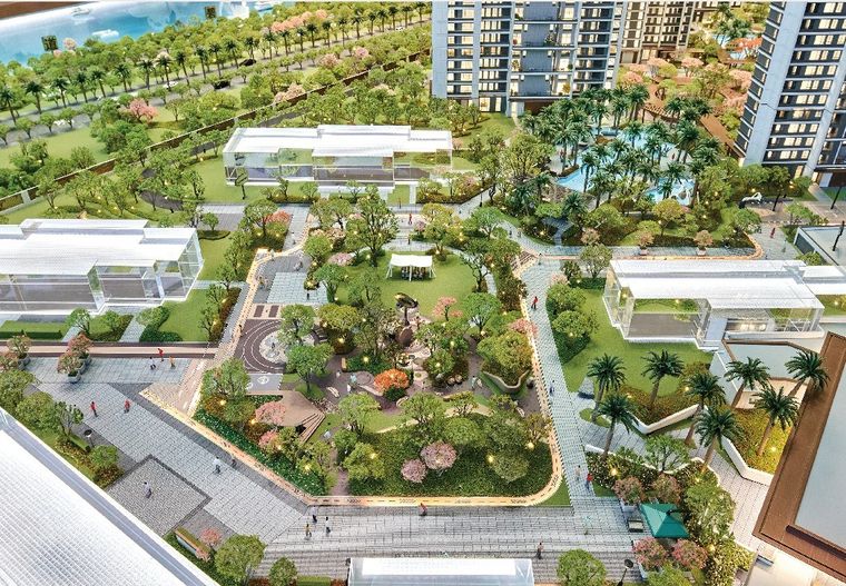 Model of a large residential park with palms, paths and amenities
