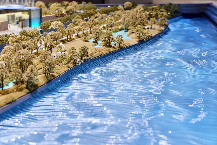 Close view of a waterfront with fine planting and sand