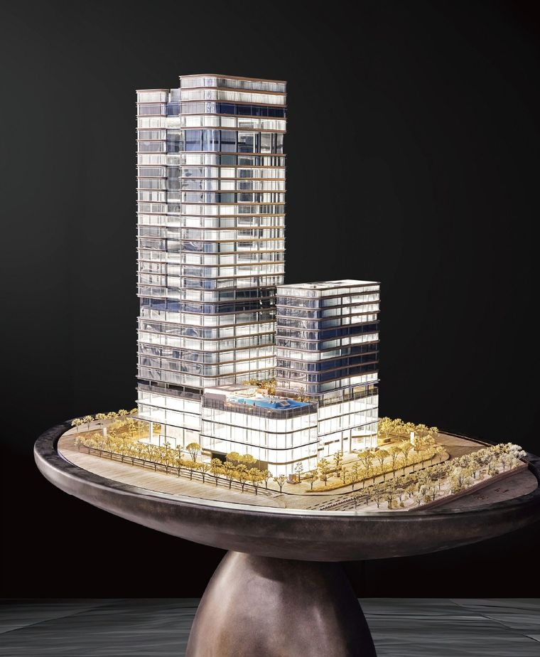 Model of a mixed-use complex with a transport station and a shopping centre