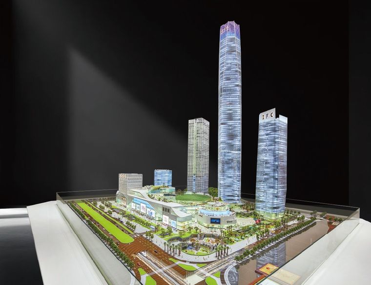 Model of commercial towers with the surrounding plazas and parking