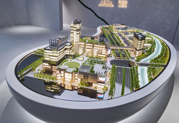 Mixed-use district model with office and retail buildings