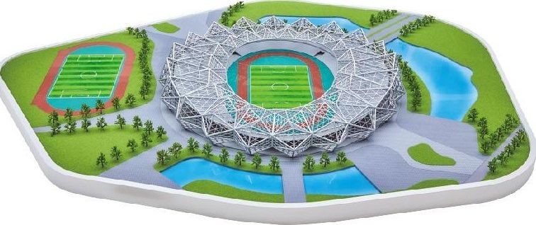 Model of a sports stadium with a multicoloured fan roof