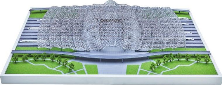 Overhead model of a sports stadium showing the stands and the pitch