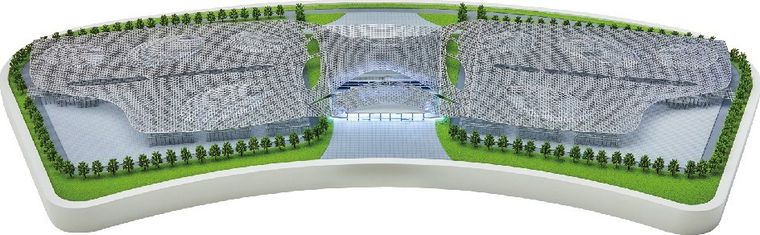 Model of an education campus in brick with sports pitches and water