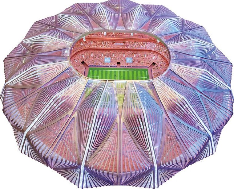 Model of a circular building with a copper facade on a white cylindrical base