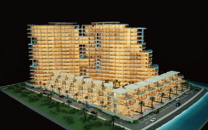 Model of a coastal residential complex with stepped buildings and palms