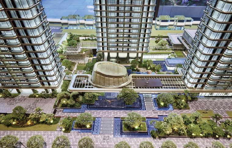 Close view of a courtyard model between residential towers