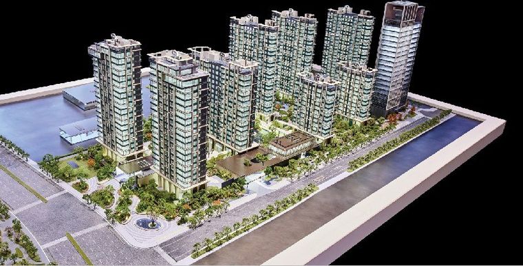 Model of a residential complex on a canal bank with the surrounding roads