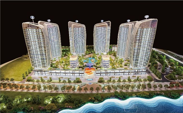 Model of five residential towers with roof canopies on a waterfront