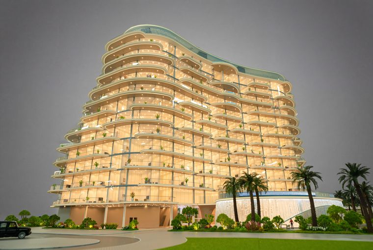 Luxury residential building model with curved balconies and surrounding palms in daylight