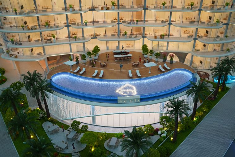 Close view of the project pool and the unit balconies overlooking it