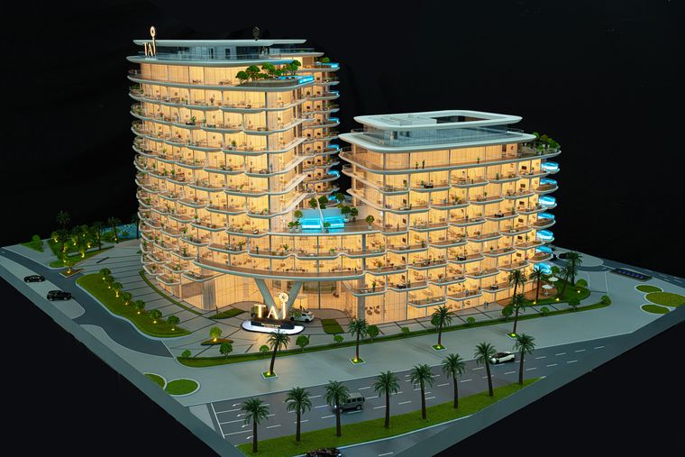 Two-wing residential complex with a central plaza and pedestrian paths