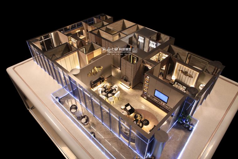 Interior cutaway of a residential unit against a dark backdrop