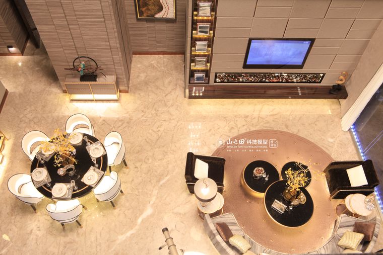 Top view of an interior cutaway showing the living and dining areas