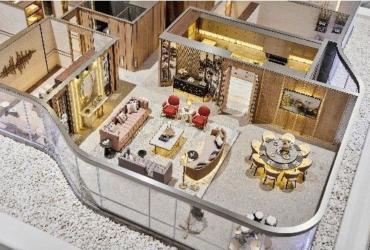 Cutaway model of a luxury apartment revealing the living and dining rooms