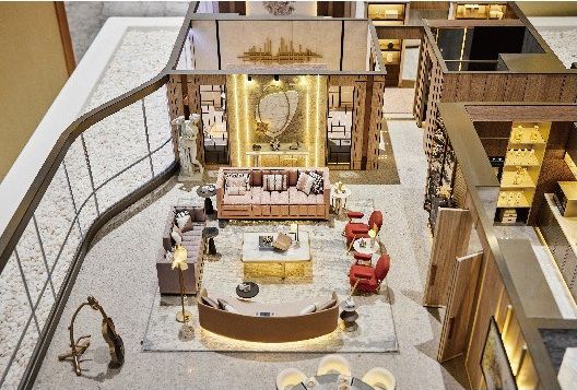 Cutaway model of an apartment with a curved balustrade and detailed furniture