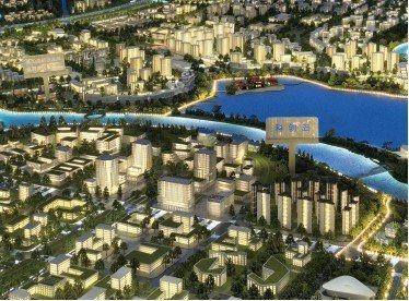 Close view of a district model with low-rise buildings and a lake