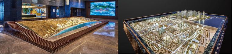 Two views of a master plan: a terrain scene and a lit city model