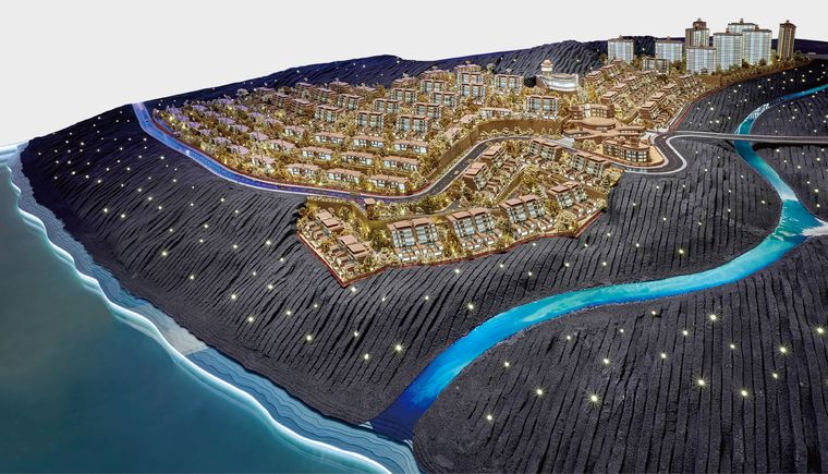 Coastal terrain plan at night with lit routes