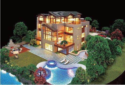 Model of a multi-level villa with the pool and garden landscaping