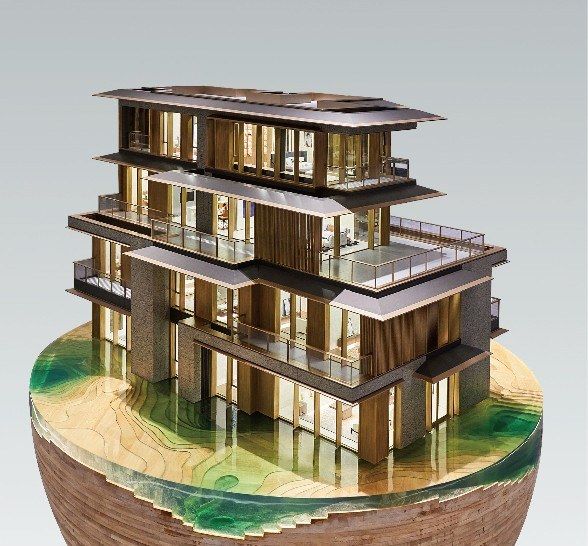 Model of a contemporary villa from another angle showing the balconies